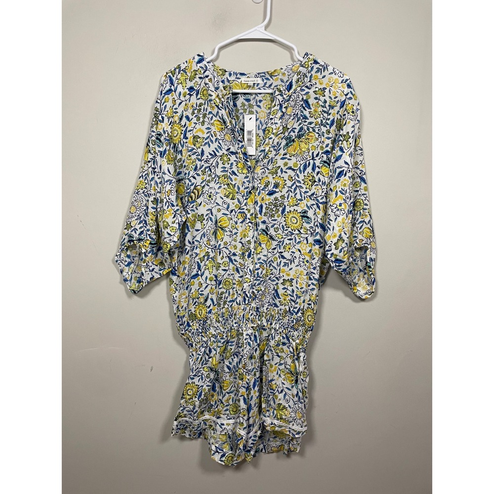 NWT Poupette St Barth Fiona Short Jumpsuit in White Blue Capri Size Large